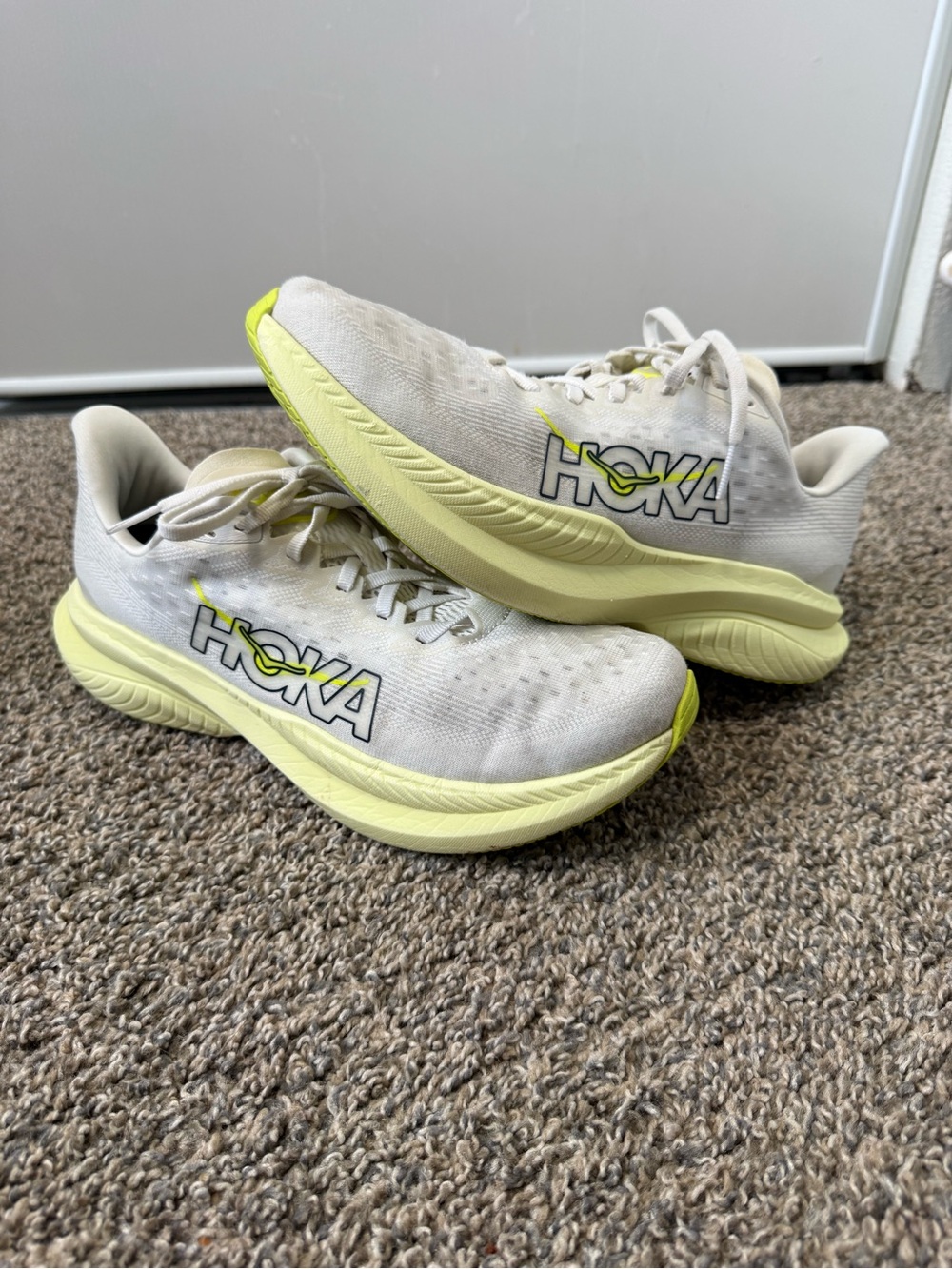 Hoka one one mach 6 White and Pale Yellow Lightweight Running Sneakers